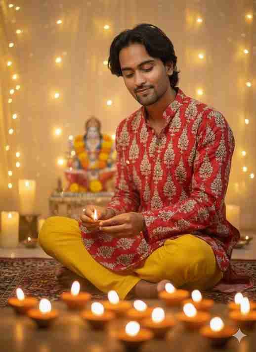 Diwali Glow: The AI Prompt for a Festive Men's Portrait Lighting a diya (deep)