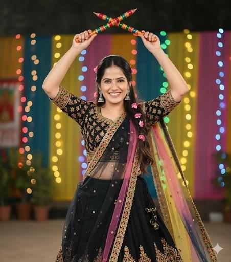 Beautiful Woman in Traditional Black Lehenga Playing Garba Festive Navratri Portrait