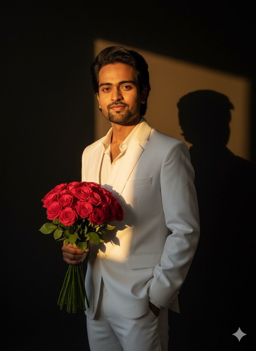 Elegant Man in White Suit Holding Red Roses AI Prompt Romantic Sunlit Portrait