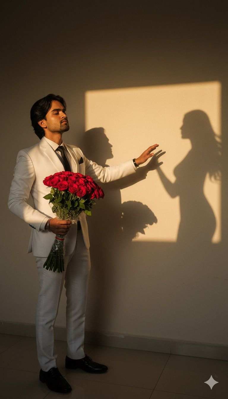 Emotinal Shadow Love AI Photo Prompt – Man in White Suit with Roses AI image Generation Prompt