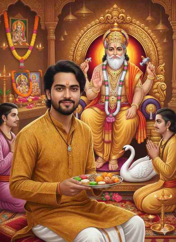 Generate Vishwakarma Baba Man Holding Hand On Parsad Photos Photo Generate Using AI Prompt