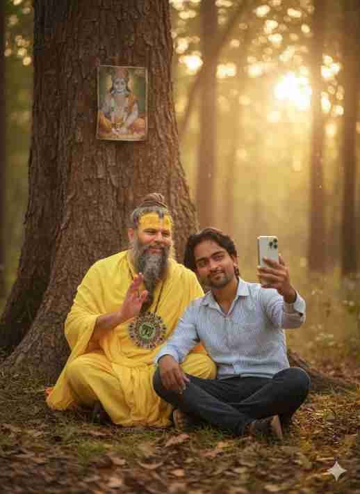 Premanand Ji Maharaj AI Photo Prompt – Spiritual Blessing & Farewell in the Forest Taking Selfie