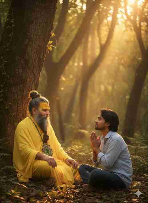 Premanand Ji Maharaj AI Photo Prompt – Spiritual Blessing & Farewell in the Forest Young Man Praying