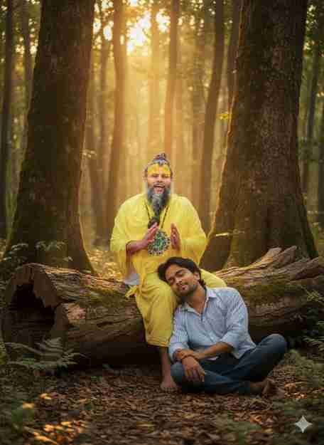 Premanand Ji Maharaj AI Photo Prompt – Spiritual Blessing in forest taking headrest on the elders lap