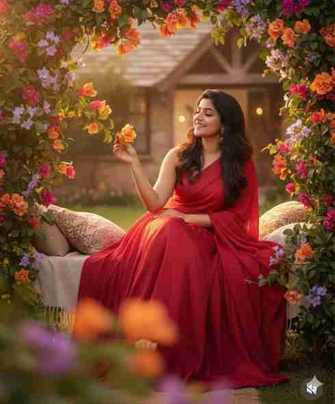 Red Saree Elegance The AI Prompt for a Serene Garden Portrait