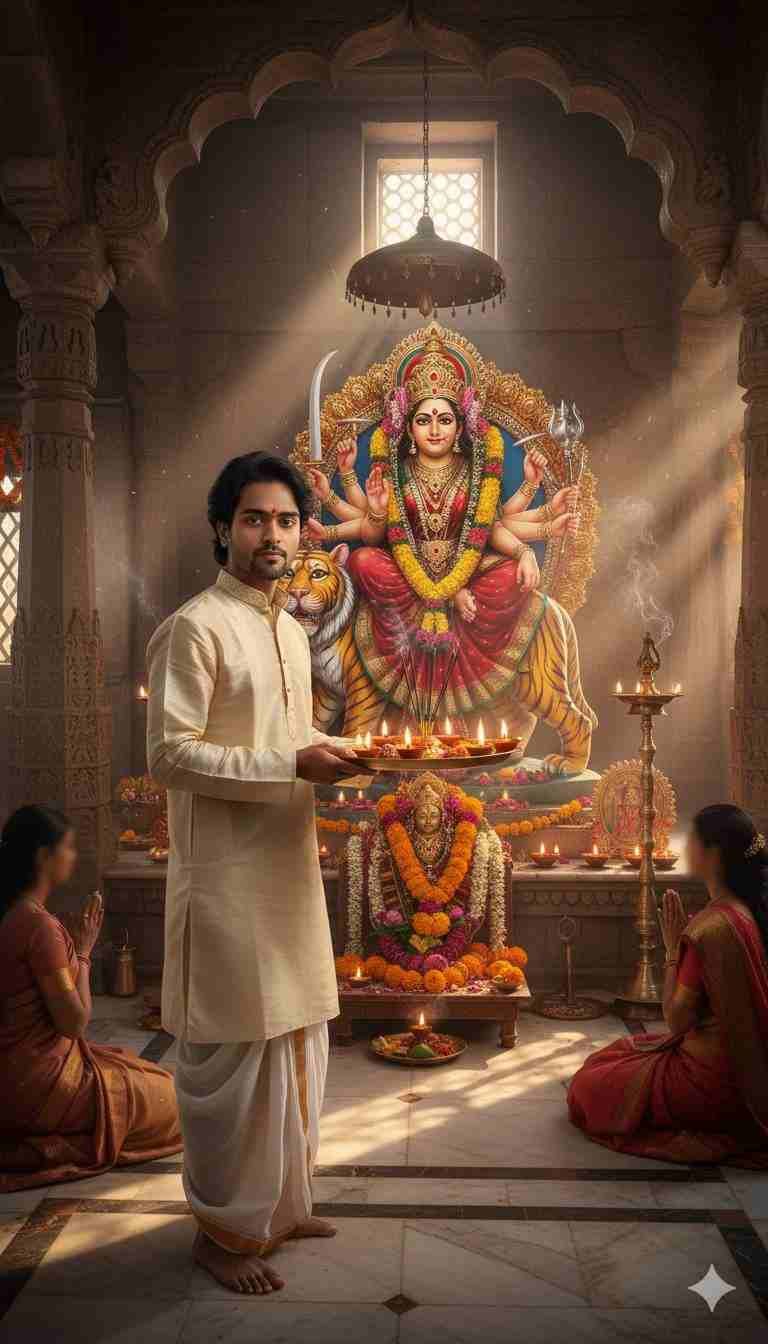 Sacred Moments The AI Prompt for a Durga Puja Temple Portrait