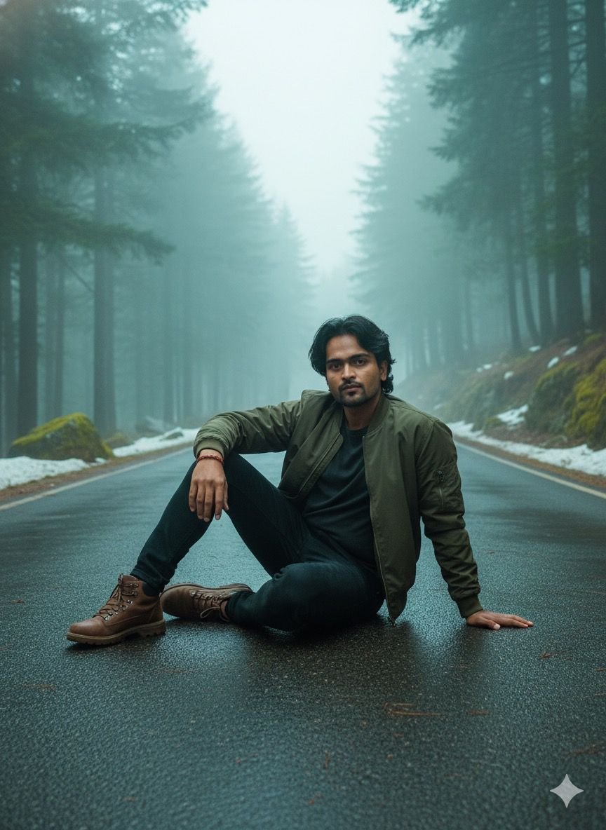 Misty Forest Road Pose The Ultimate Men's Style AI Photo Prompt