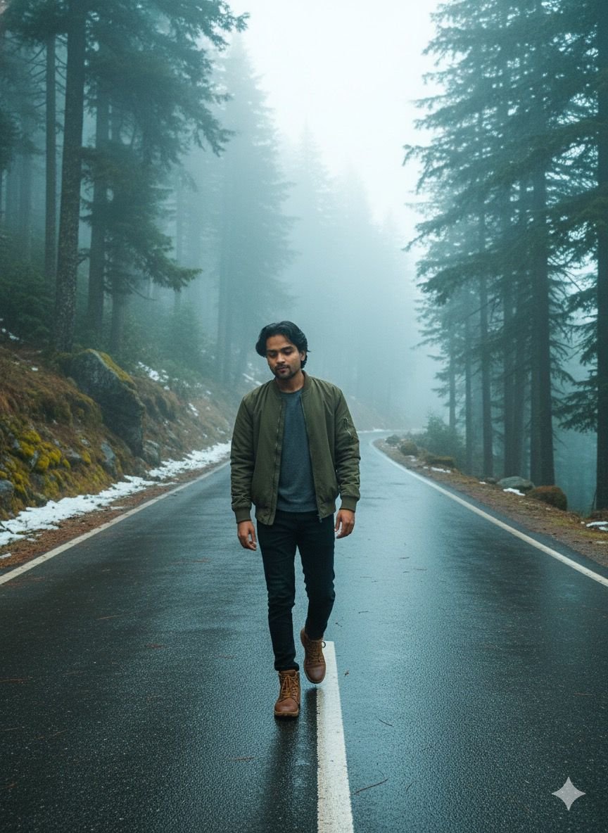 Misty Forest Road Pose The Ultimate Men's Style AI Photo Prompt