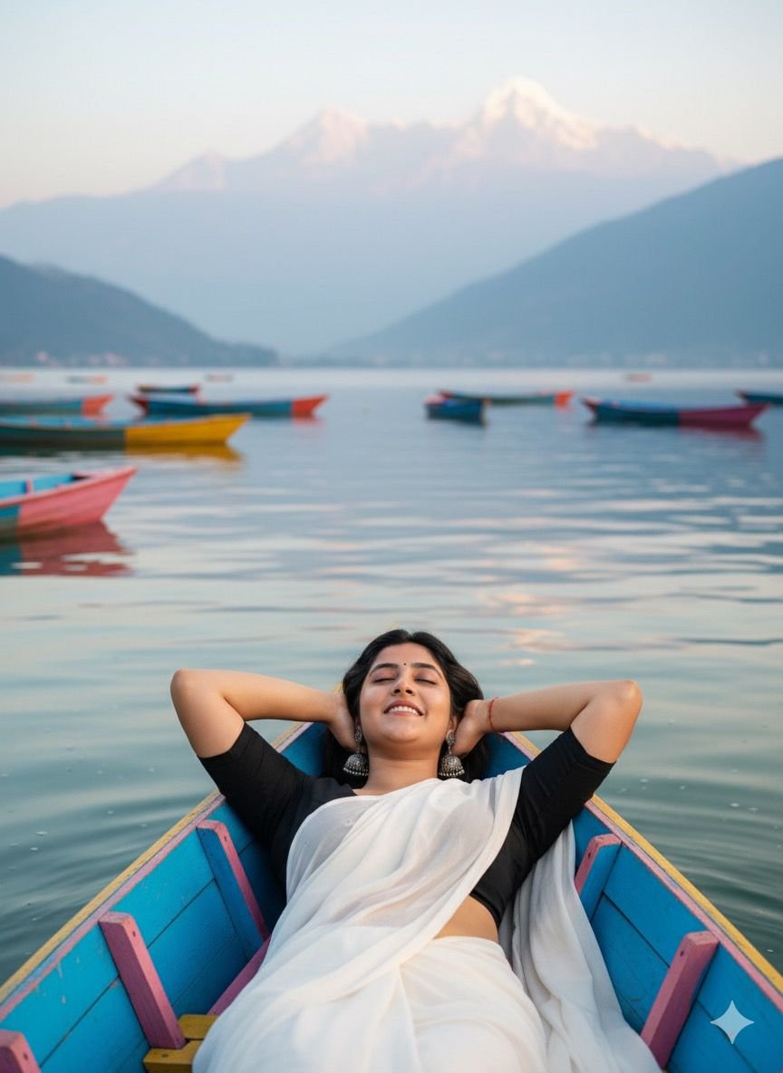 A Women Lying on Boat in Lake Relaxation with Himalayan Views Travel AI Photo Prompt