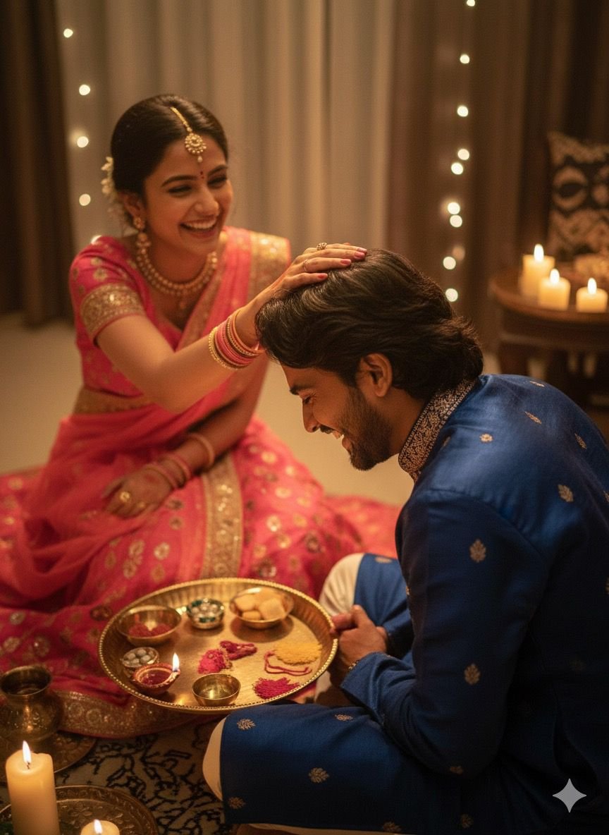 Bhai Dooj Gemini AI Prompts - Sister Giving Blessing to Brother