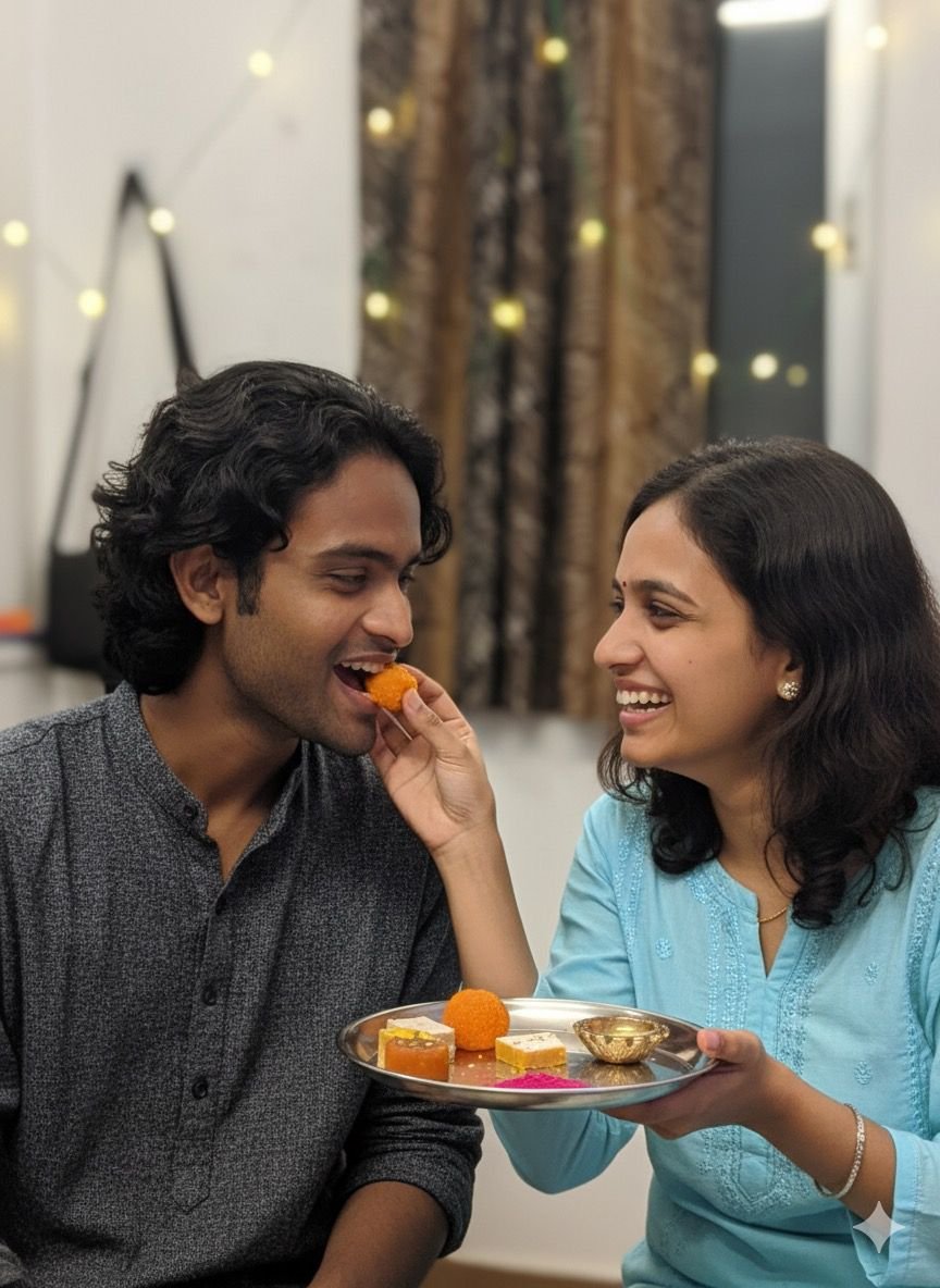 Bhai Dooj Gemini AI Prompts - Sister Offering Sweet To Her Brother