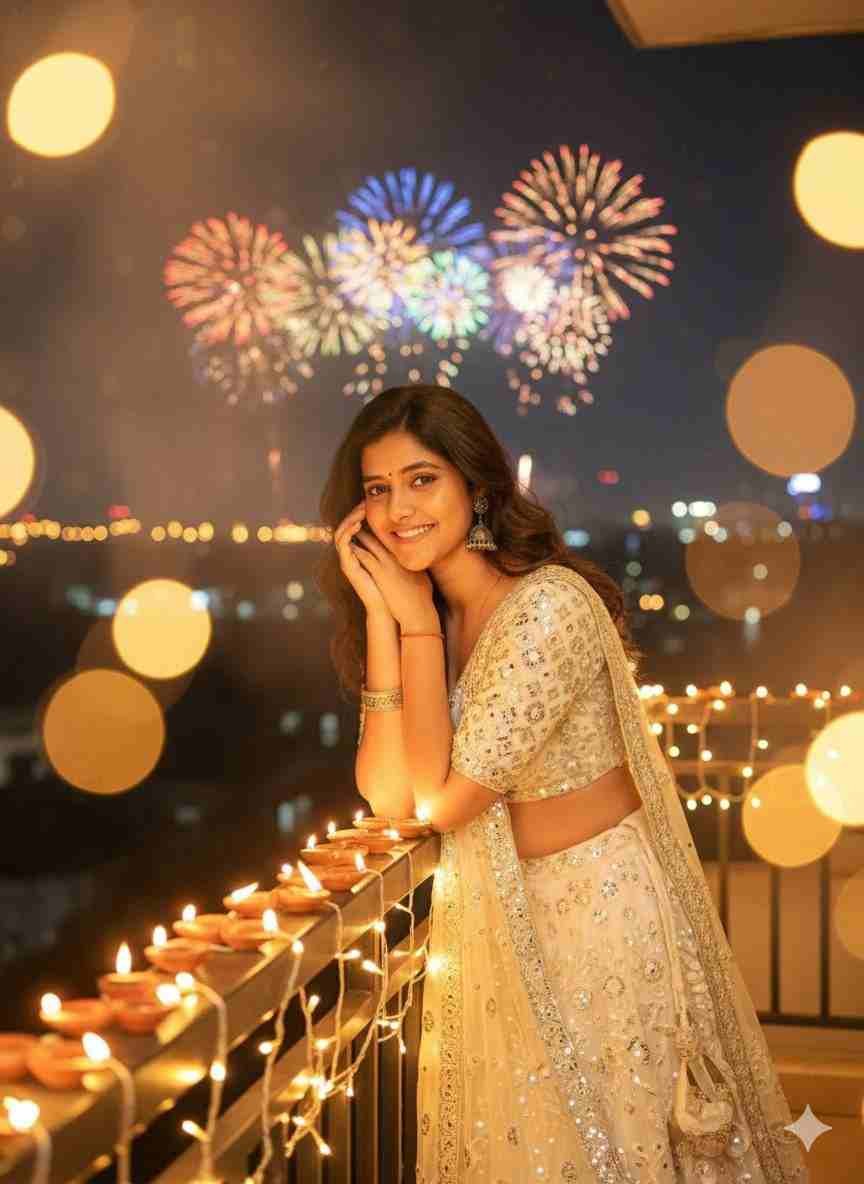 Dazzling Diwali Look White Lehenga & Fireworks AI Photo Prompt