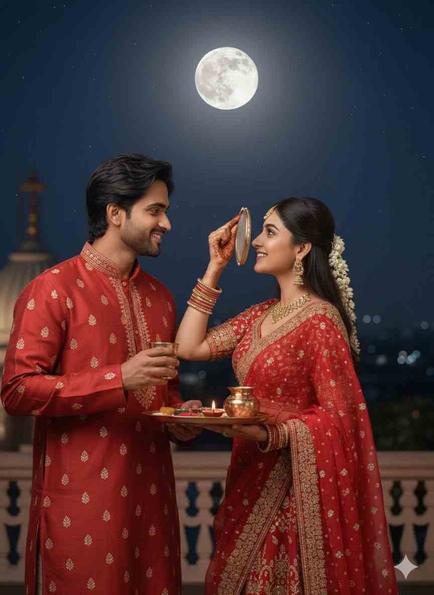 Full Moon & First Sip Iconic Karwa Chauth AI Photo Prompt