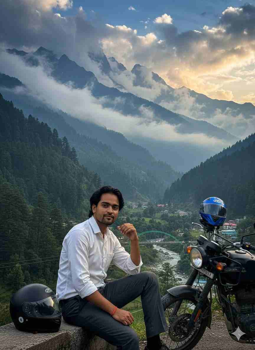 Mountain View & Motorbike Epic Travel Portrait AI Photo Prompt