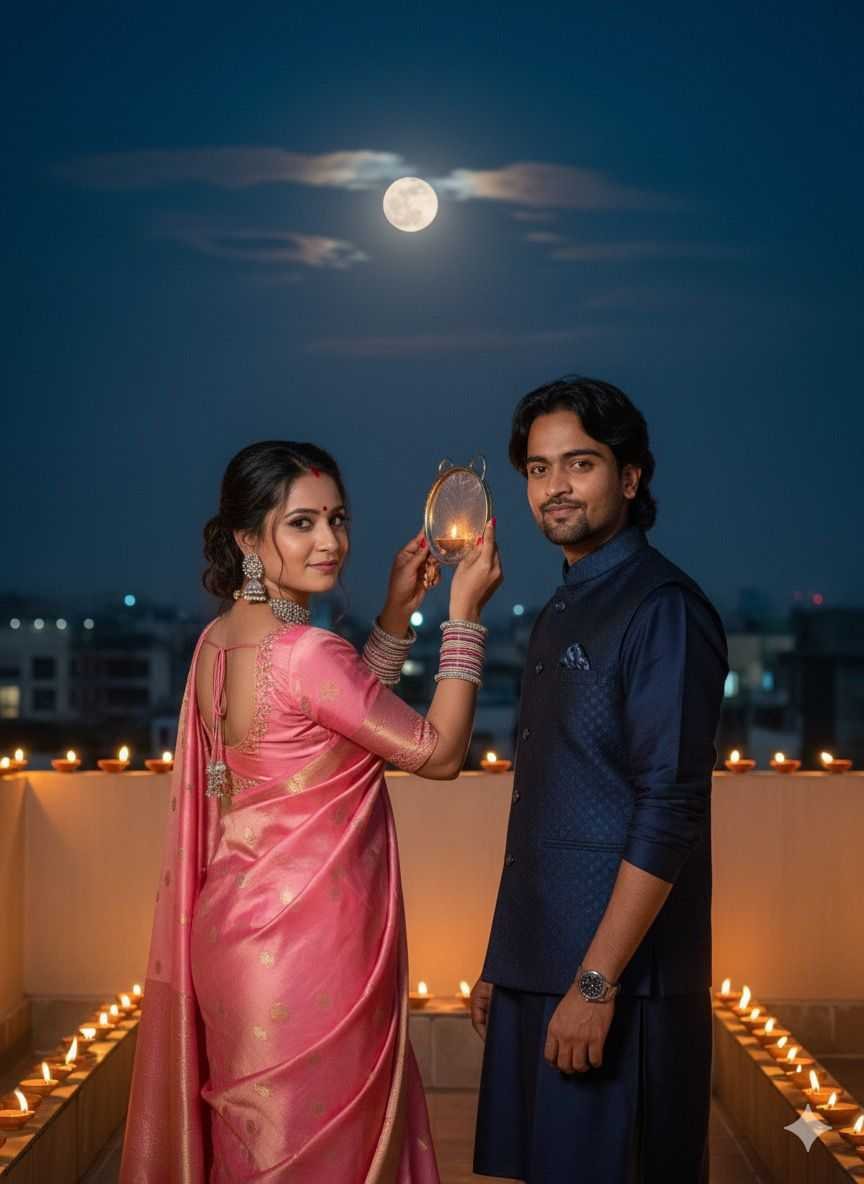 Traditional Love Stories Crafting Karwa Chauth with an Couple AI Photo Prompt
