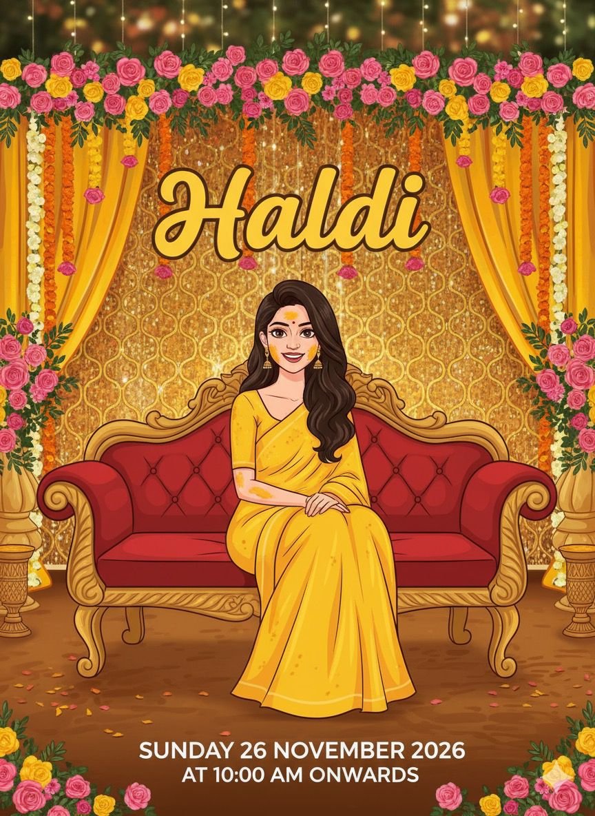 Wedding Haldi Ceremony Invitation Card Design AI Prompt FOR Bride Side