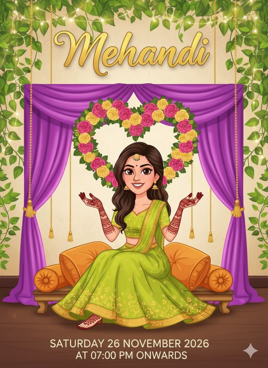 Wedding Mehandi Ceremony Invitation Card Design AI Prompt FOR Bride Side