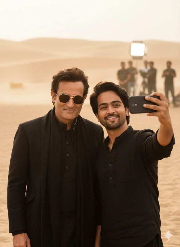Create a realistic cinematic photo where the person from the first image (reference 1) is standing beside the person from the second image (reference 2). Both should be in a desert–set film location with soft dust in the air. The man from reference 1 should wear a black kurta, black coat, sunglasses, The person from reference 2 clicking selfie with 1st reference image person, both looking on camera, wearing black shirt as in reference 2. Make the lighting warm and natural, like a movie set with crew working in the background. Ultra-realistic, sharp details, professional film-style portrait FACE / REFERENCE :Use the given reference photo, keep the original face exactly the same without any changes.