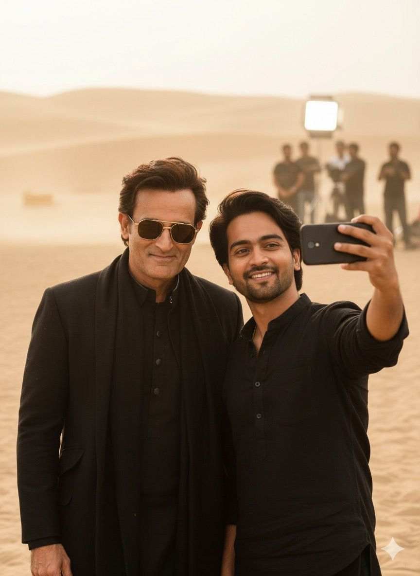 Create a realistic cinematic photo where the person from the first image (reference 1) is standing beside the person from the second image (reference 2). Both should be in a desert–set film location with soft dust in the air. The man from reference 1 should wear a black kurta, black coat, sunglasses, The person from reference 2 clicking selfie with 1st reference image person, both looking on camera, wearing black shirt as in reference 2. Make the lighting warm and natural, like a movie set with crew working in the background. Ultra-realistic, sharp details, professional film-style portrait FACE / REFERENCE :Use the given reference photo, keep the original face exactly the same without any changes.